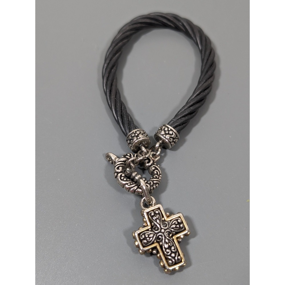 Bali Style Cross Charm Bracelet Black Multi Cord Two‎ Tone 6.5"